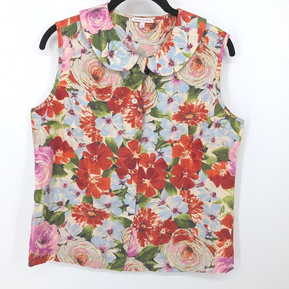 Frances Valentine Sleeveless Top M Colorful Floral Peter Pan Collar Button Up